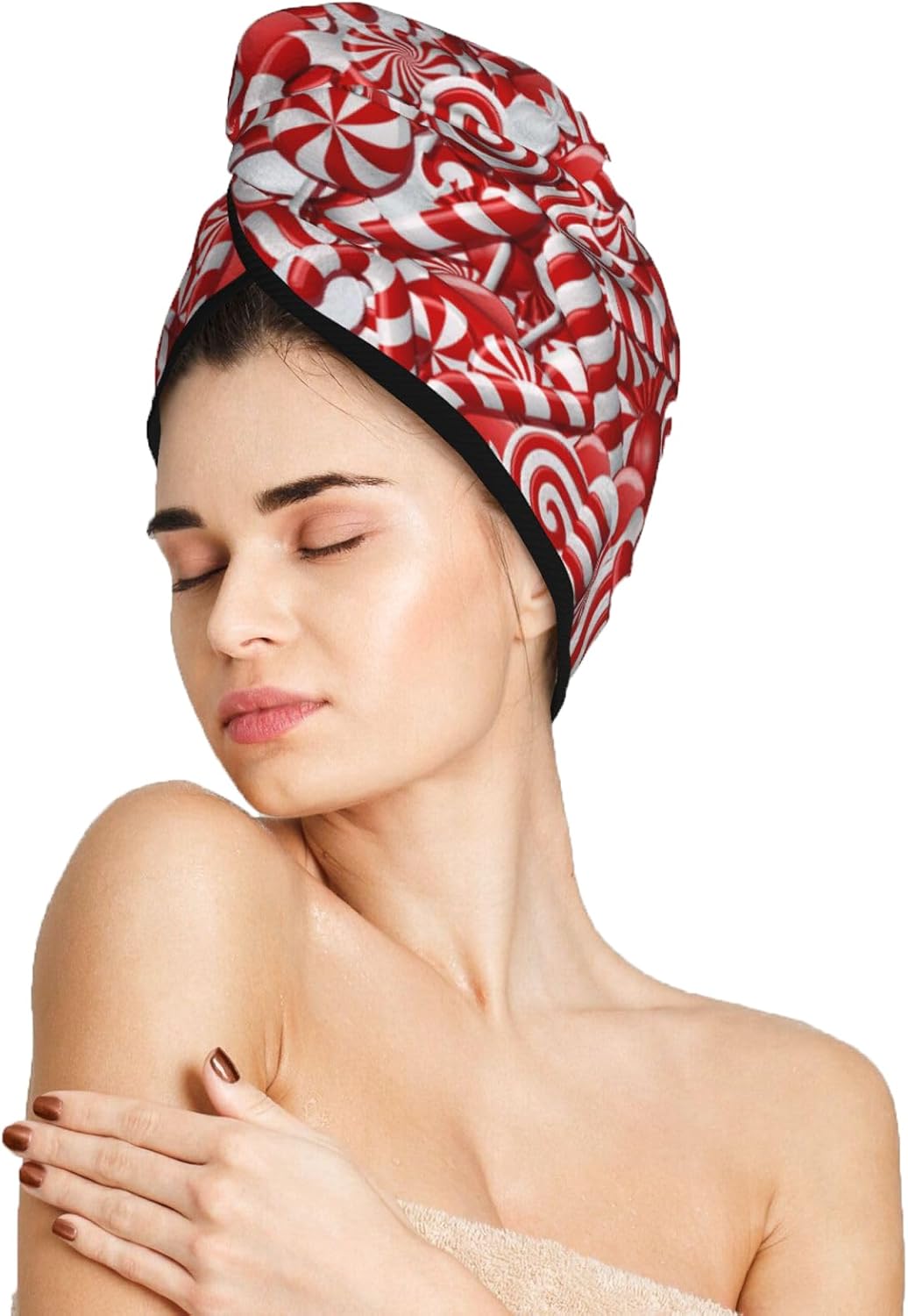 Christmas Swirl Candy Hair Towel Wrap Microfiber Fast Drying Hair Turban with Buttons for Women Drying Curly, Long & Thick Hair