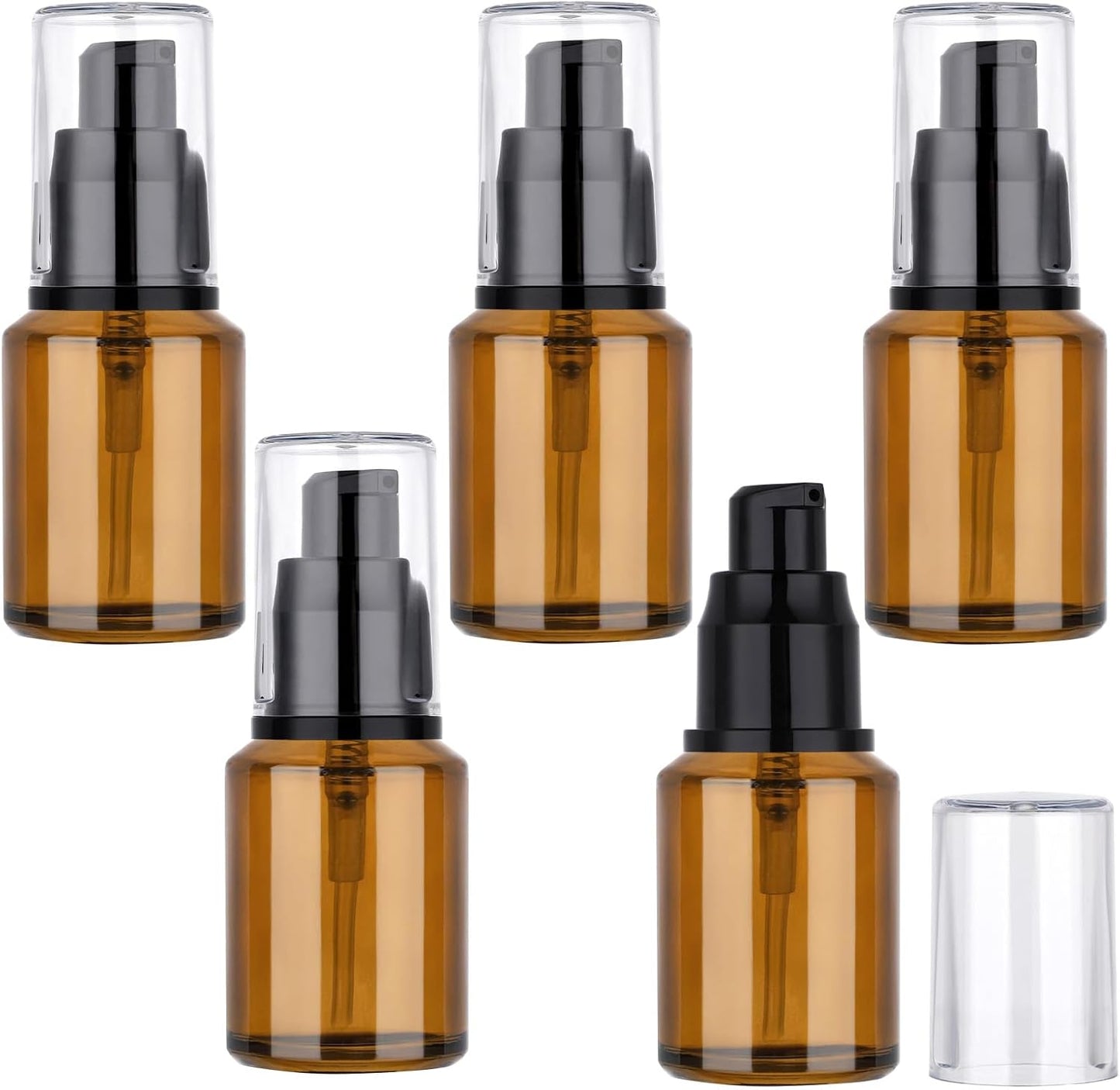 Segbeauty 1oz Refillable Lotion Bottle with Pump, Pack of 5 Frosted Travel Glass Bottles Creams Lotion Containers Foundation Bottle for Travel Size, 30ml Makeup Pump Dispenser for Toiletries Amber