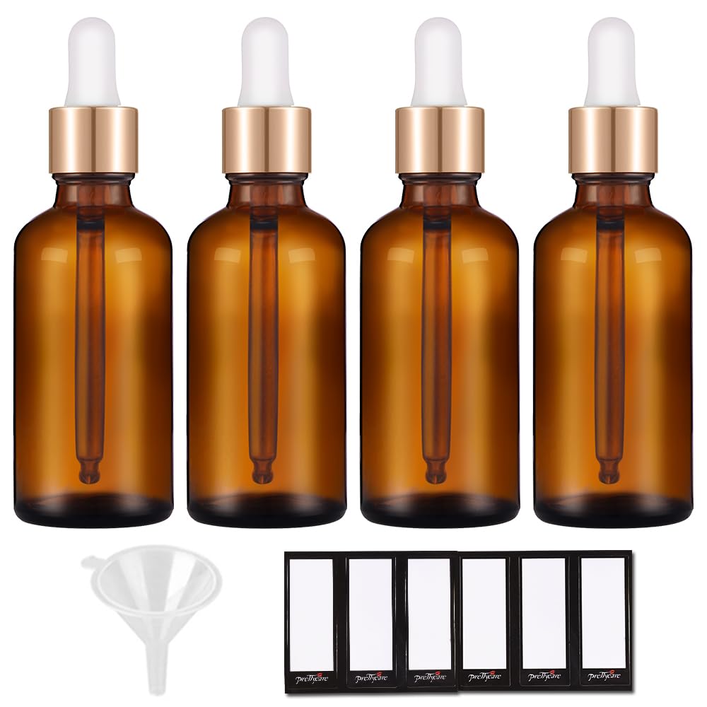 PrettyCare 2 oz Dropper Bottles, 4 Pack Amber Glass Bottles 60ml with Golden Caps, 12 Labels, Funnel & Measured Pipettes-Empty Tincture for Essential Oils & Skincare