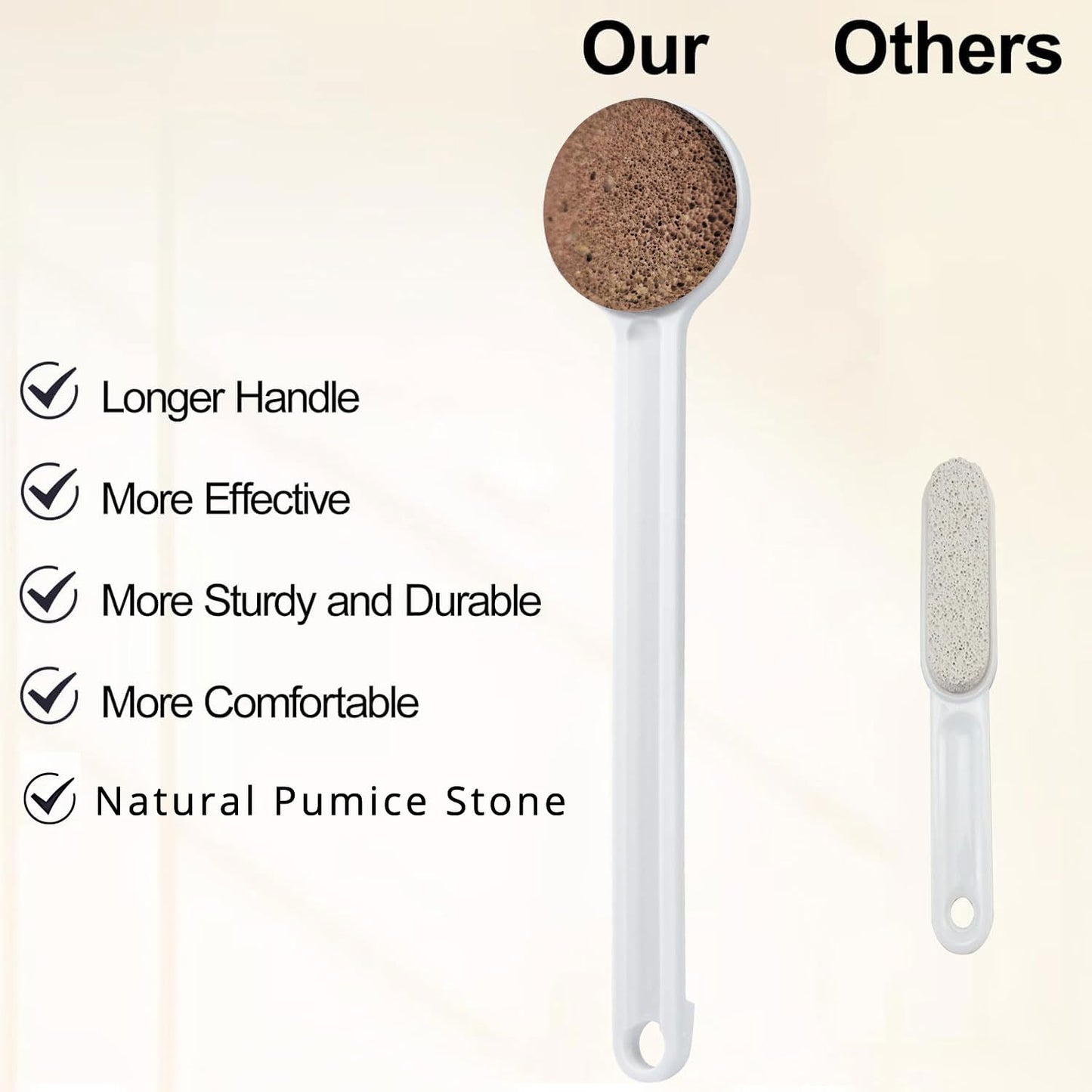 Natural Volcanic Stone Foot Pumice Stone - 14" Straight Handle Callus Remover for Dry Cracked Feet - Firm Grip Exfoliator, Pedicure Tool for Seniors & Arthritic Hands