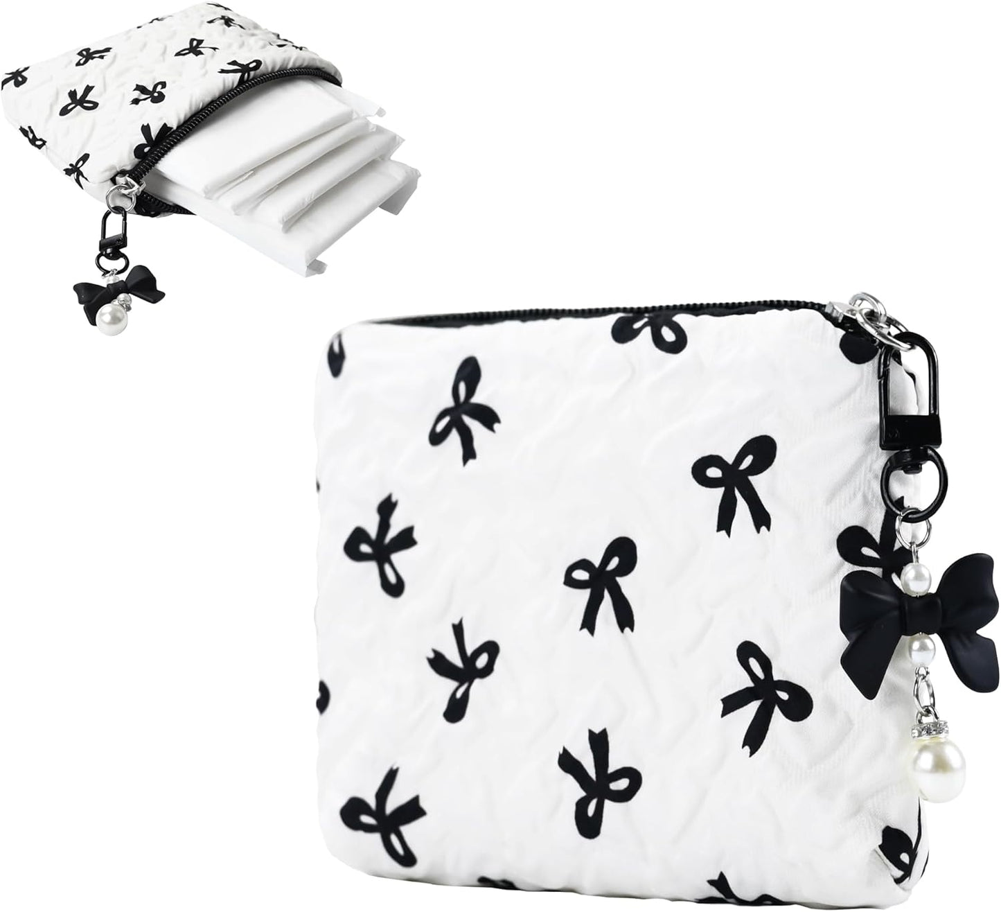 Period Bag for Women,Cute Corduroy Sanitary Napkin Storage Small Pouch with Bow Design,Sanitary Napkin Storage Bag,White