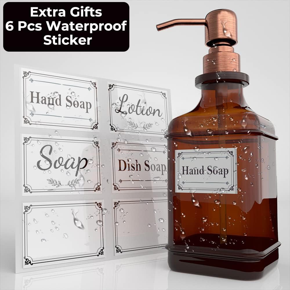 GLADPURE Soap Dispenser 2 Pack, Hand Soap Dispensers with 18 Oz Antique Design Thick Amber Glass Bottle, 316 Rust Proof Stainless Steel Pump, 6Pcs Stickers, for Lotion, Soap - Brushed Copper