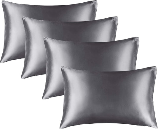 BEDELITE Satin Pillowcase for Hair and Skin, Super Soft Similar to Silk Pillow Cases 4 Pack with Envelope Closure, Cooling Pillowcases for Women Men (20"x26" Standard Size, Dark Grey)