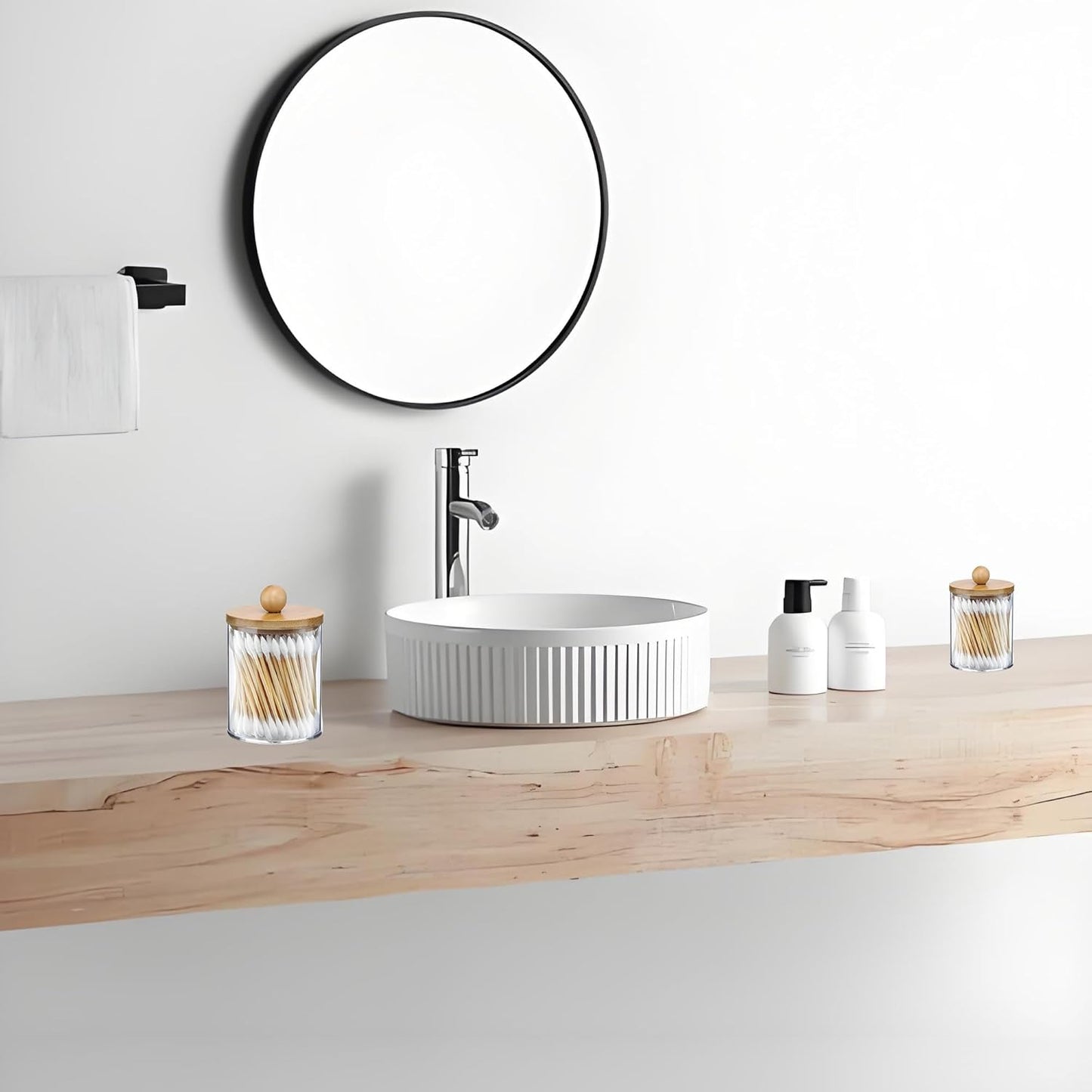 AXX Qtip Dispenser Apothecary Jars Bathroom - Qtip Holder Storage Canister Clear Plastic Jar for Cotton Swab,Q-Tips,Cotton Rounds (Bamboo 3Pcs)