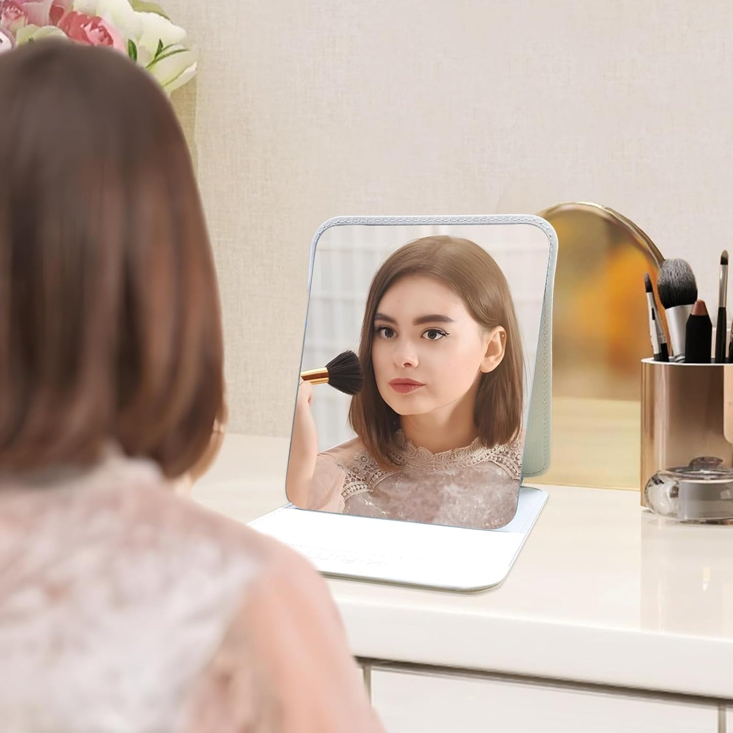 Foldable Travel Makeup Mirror, Adjustable Angle Portable Standing Vanity Mirror, Compact PU Leather Design for Home/Camping/Desktop Use,Elegant White(8.4"x6")