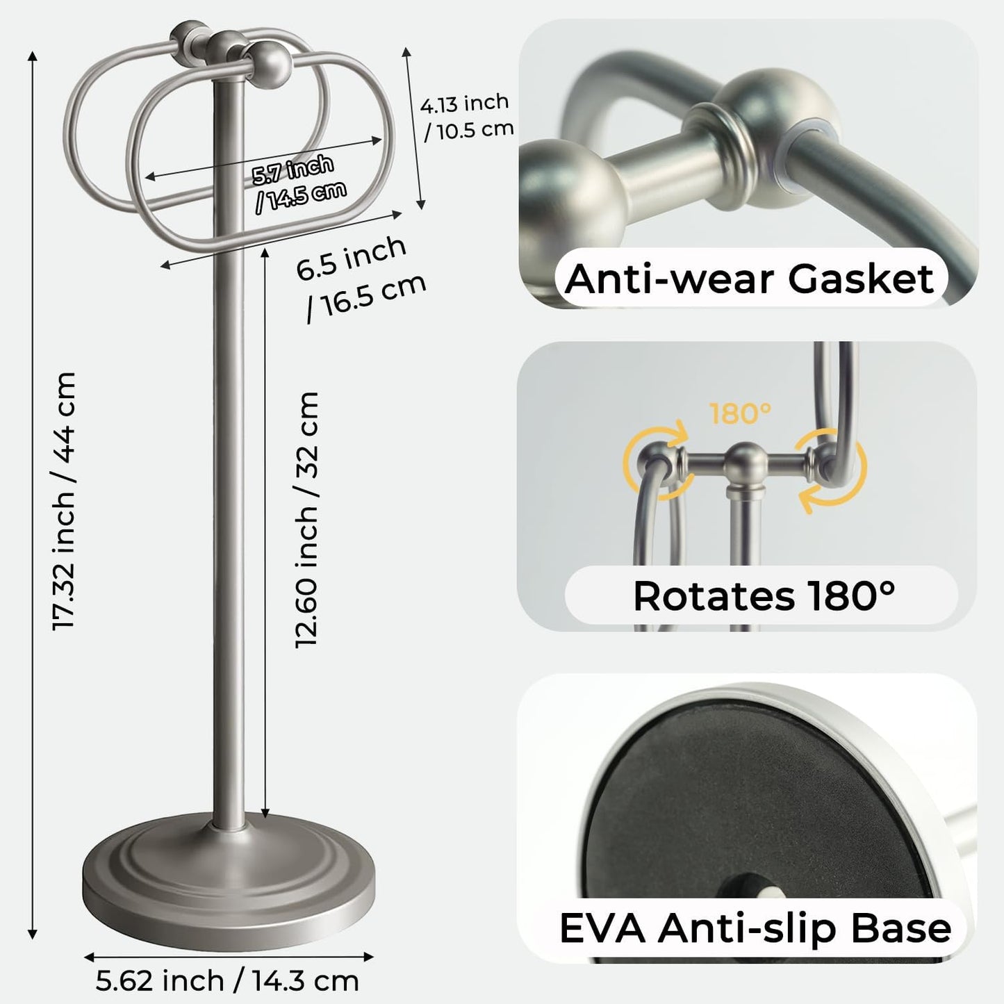 17 Inch Stainless Steel Hand Towel Holder Double Stand Hand Towel Ring for Washcloths or dishcloths Non-Slip Base Free Standing Towel Rack for Bathroom Kitchen (Brushed)