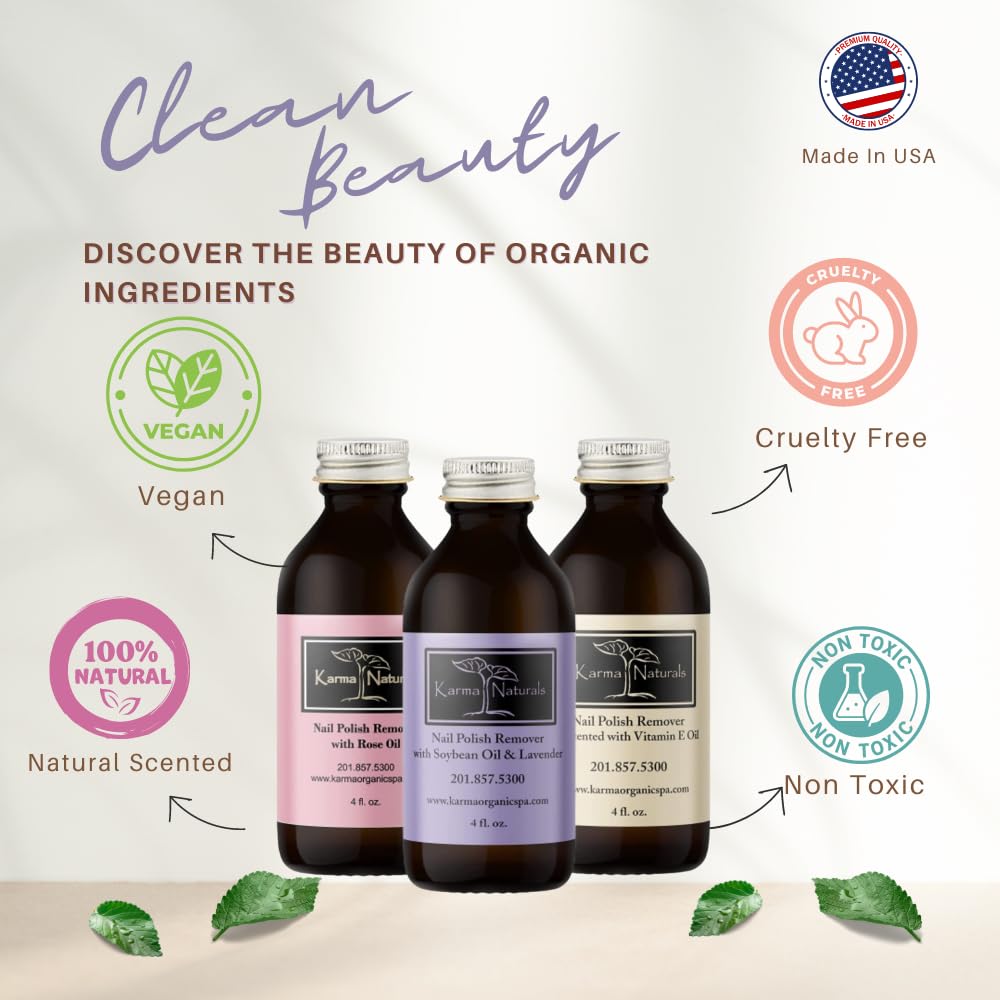 Karma Organic Nail Polish Remover Bundle - Includes Natural Lavender, Rose Oil, and Unscented Nail Polish Remover (4FL-Oz) (Multipack)