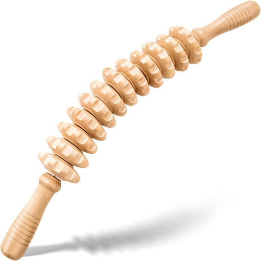 Wooden Cellulite Massage Roller for Legs and Thighs - Handheld Fascia Blaster Tool for Muscle Relief, Lymphatic Drainage & Body Sculpting - Anti Cellulite Massager for Women and Men (12 Wheel)
