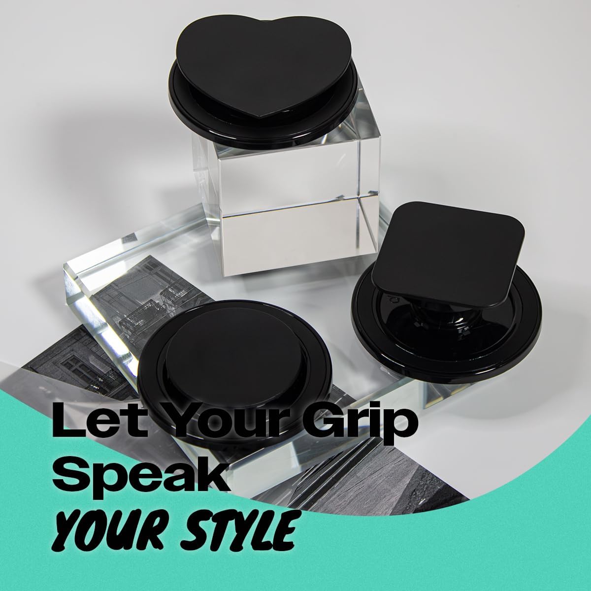 Matt Black Collapsible Phone Grip & Stand Sleek All-Black Design for Secure Hold & Stylish Look (Heart Magnetic)