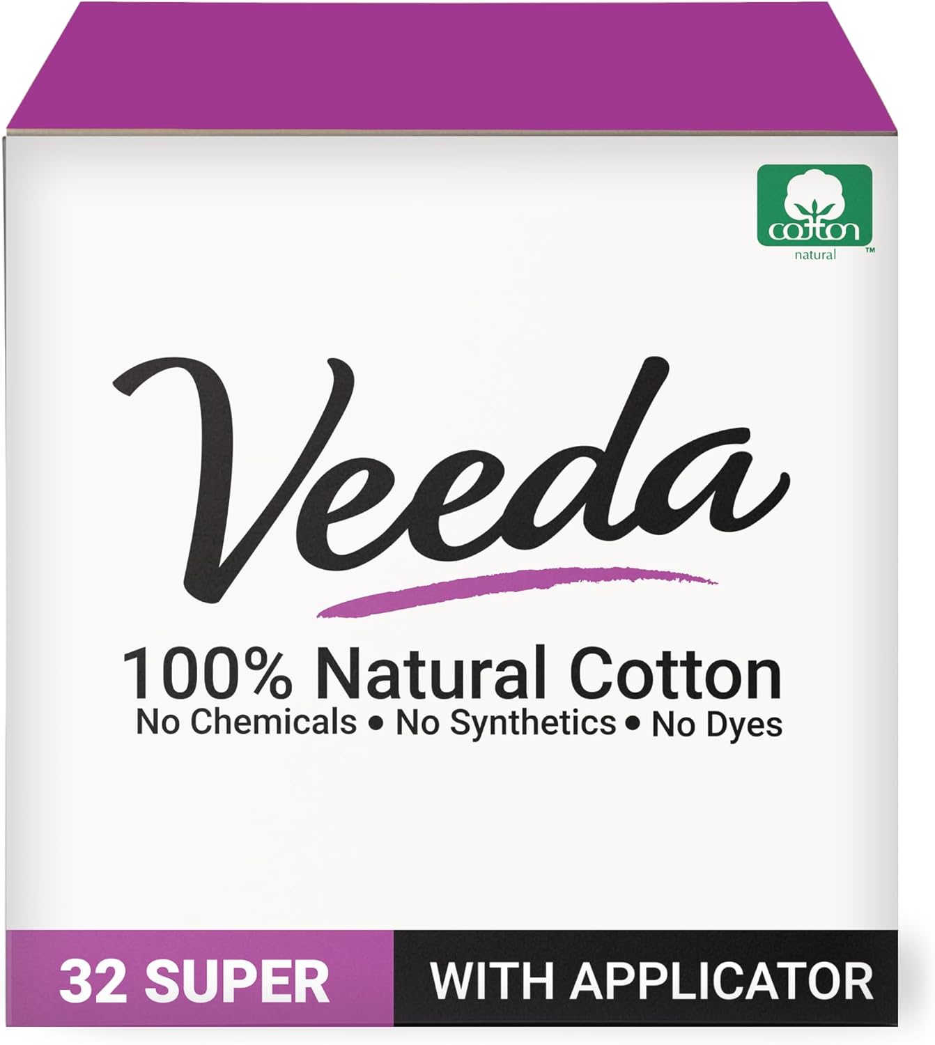 Veeda 100% Natural Cotton Tampons - Super Absorbency with leak proof protection - Compact BPA-Free Applicator - Unscented & Free from Chlorine, Toxin - 32 Count