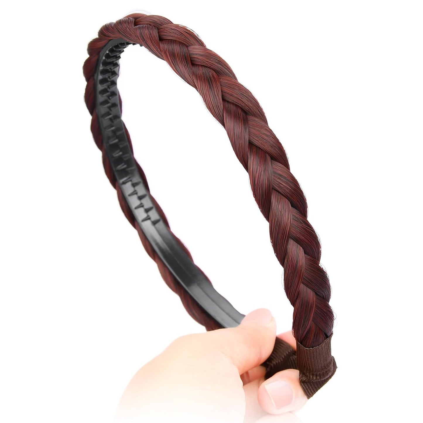 DIGUAN Width 0.6 inches Narrow Synthetic Hair Plaited Headband Braid With Teeth Hair Band Accessories for Women Girl (Thin-burgundy)