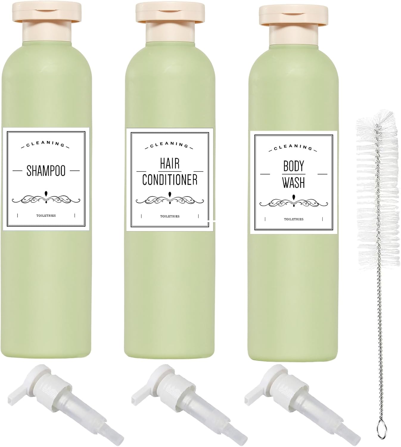 Qeuly Squeeze Bottles with Pump Dispenser and Flip Cap, 8.8 oz Refillable Travel Containers for Toiletries, Plastic Travel Shampoo and Conditioner Bottles (Green 260)