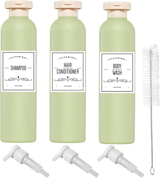 Qeuly Squeeze Bottles with Pump Dispenser and Flip Cap, 8.8 oz Refillable Travel Containers for Toiletries, Plastic Travel Shampoo and Conditioner Bottles (Green 260)