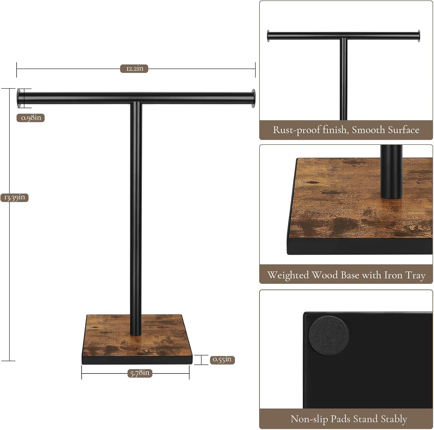 Hand Towel Holder Stand, Bathroom Hand Towel Rack with Weighted Base, T-Shape Standing Towel Racks, Farmhouse Countertop Towel Stand for Kitchen Counter, Rustic Black Brown