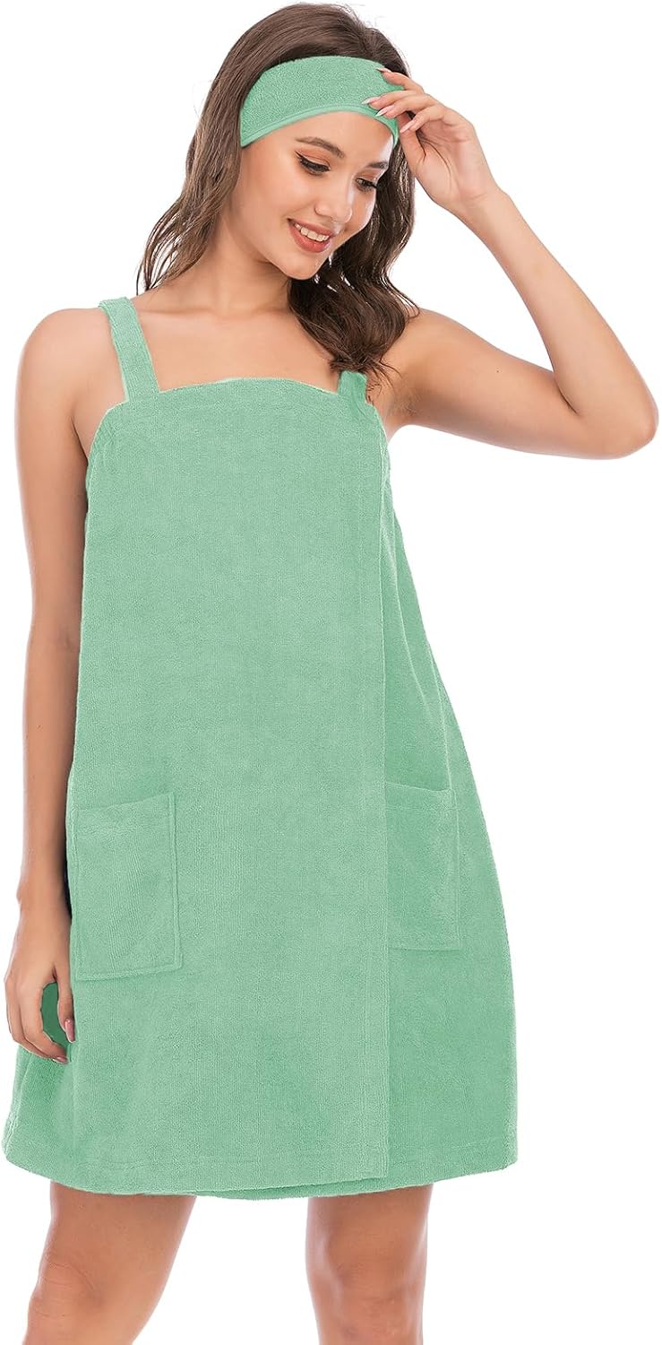 Veseacky Women Bath Wrap Towel for Womens Shower with Pocket Adjustable Spa Robe & Facial Headband