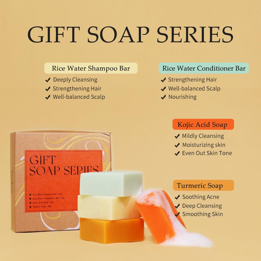 Turmeric Soap Bar and Rice Water Shampoo Conditioner Bar Set,Kojic acid for Body,Face and Hair,Deep Cleansing,Travel Toiletries,Spa Gifts For Women