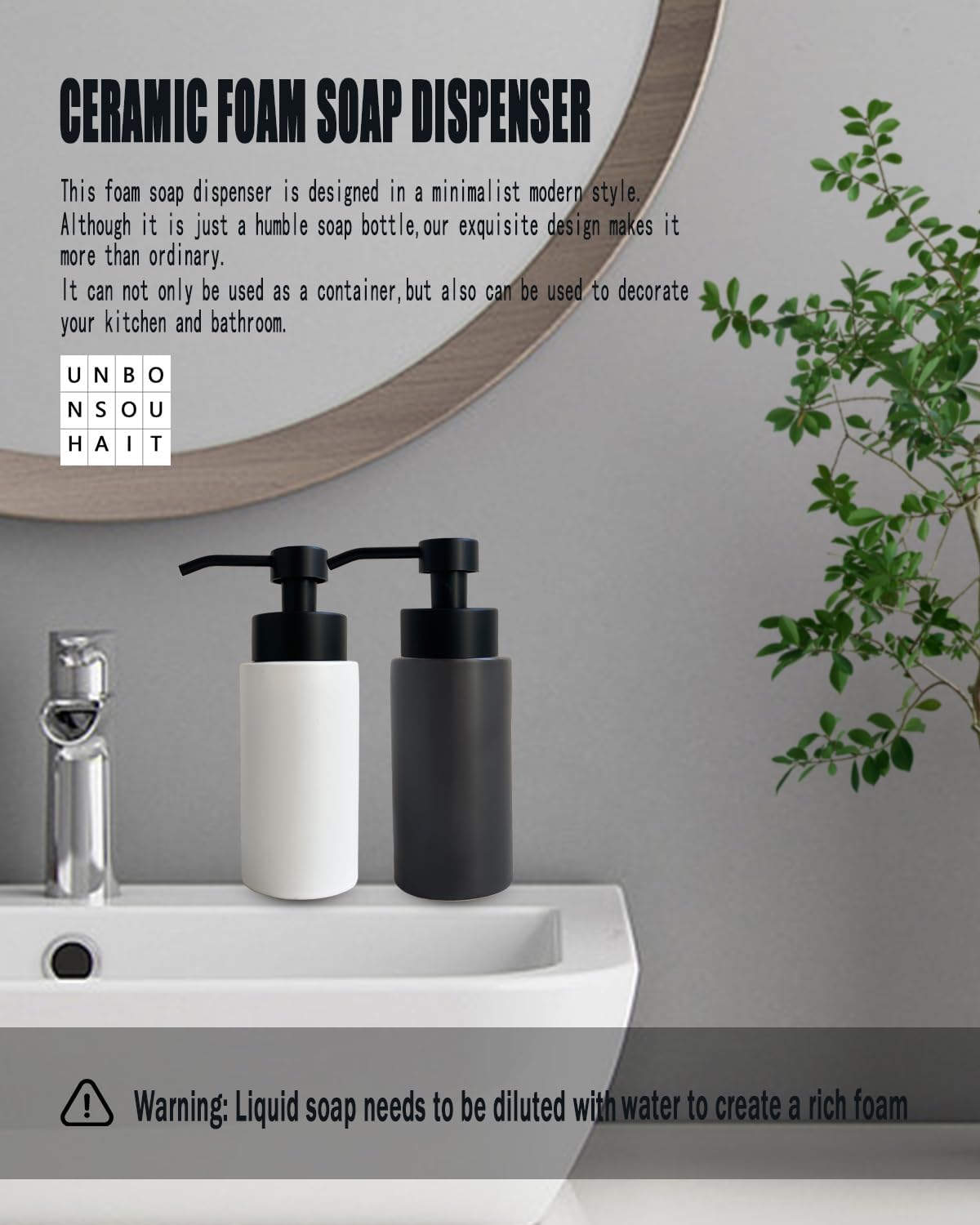 9.5 Oz Foaming Soap Dispenser for Bathroom,Kitchen Foam Soap Dispenser,Refillable Modern Foam Pump Bottle,Black Ceramic Foaming Hand Pump Dispenser (White)