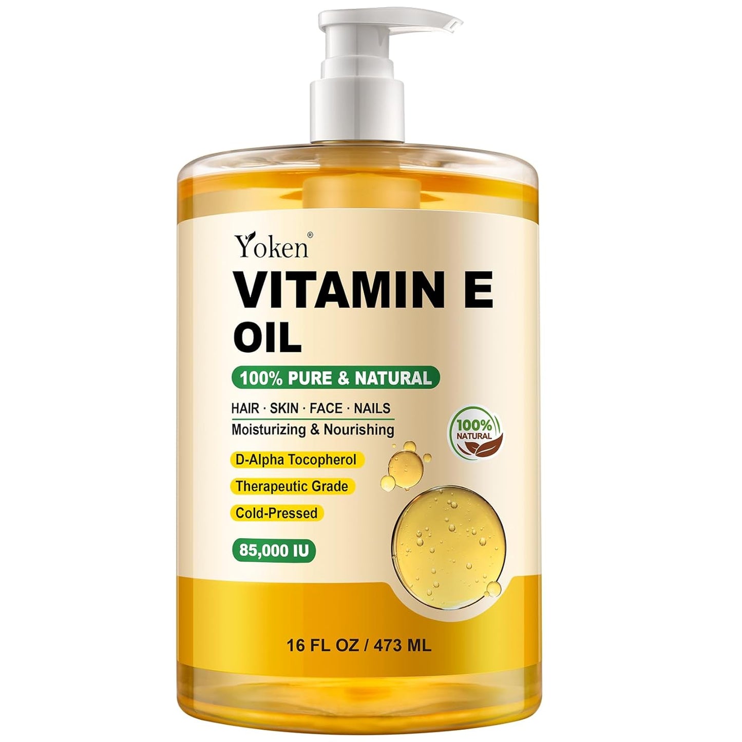Vitamin E Oil 16 Fl Oz Organic Vitamin E Oil for Skin 85,000 IU Bulk Vitamine oils for Scars Hair,Face,Nail,Cold Pressed Hexane Free Formula Liquid Perfect Scalp Care Bath and Body oils