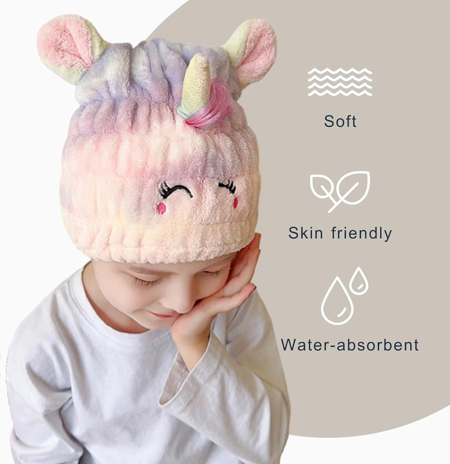 Microfiber Hair Towel Wrap for Kids, Unicorn Dry Hair Cap Suck Water, Absorbent Quick Girls Boys Hair Drying Towel, Lightweight Bouncy Hat Headscarf for Wet Hair