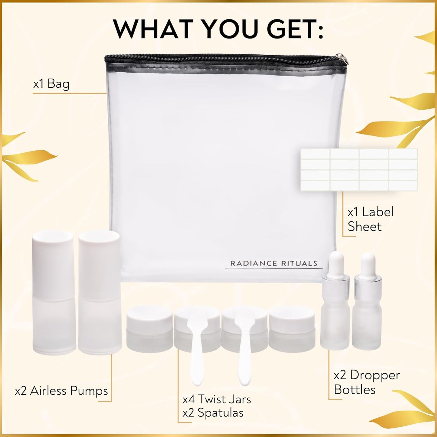 11 Piece Travel Skincare Containers Set - TSA Approved Toiletry Bag & Travel Size Toiletries Bottles - Airless Pump, Dropper Bottles & Travel Size Containers for Serums, Moisturizers, & Oils