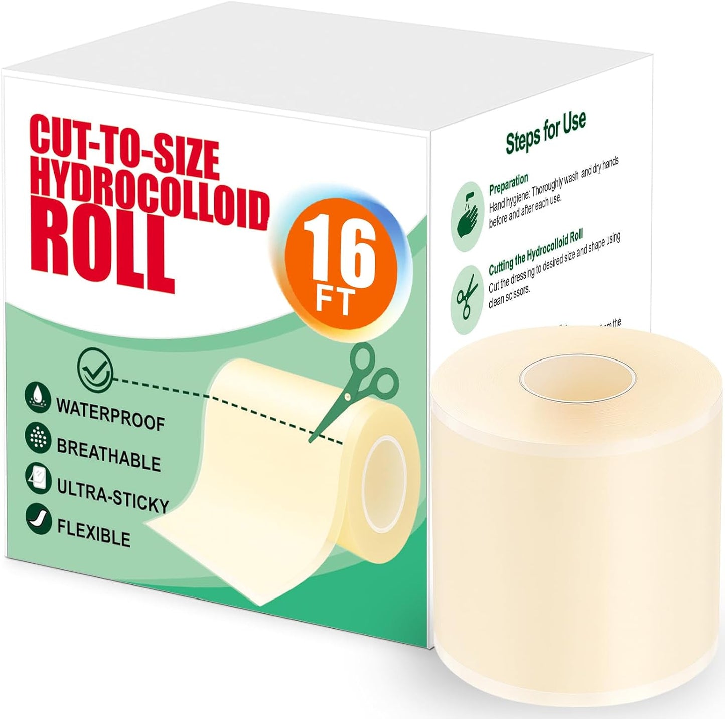 Hydrocolloid Roll for Wound Care – 2 in × 16 ft, Cut-to-Size Hydrocolloid Bandages, Extra Large Patch Tape, Ultra Absorbent, Waterproof & Flexible, First Aid Kit Essential