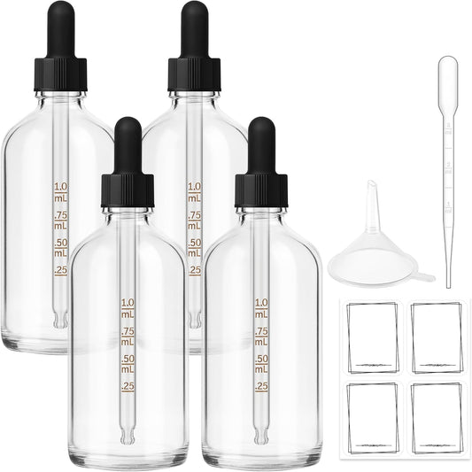 Bumobum 100ml Dropper Bottle, Clear Glass Dropper Bottle with Measured Dropper, 3.4oz Empty Eye Tincture Bottles with Funnel, Pipette & Labels for Essential Hair Oils Serums, 4 Pack