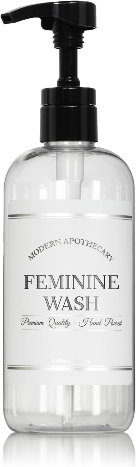 Refillable Clear PET Plastic 16 oz Feminine Wash Bottle with High Output Black Plastic Pump Dispenser - Chrome Accent Waterproof Labeled Bottle