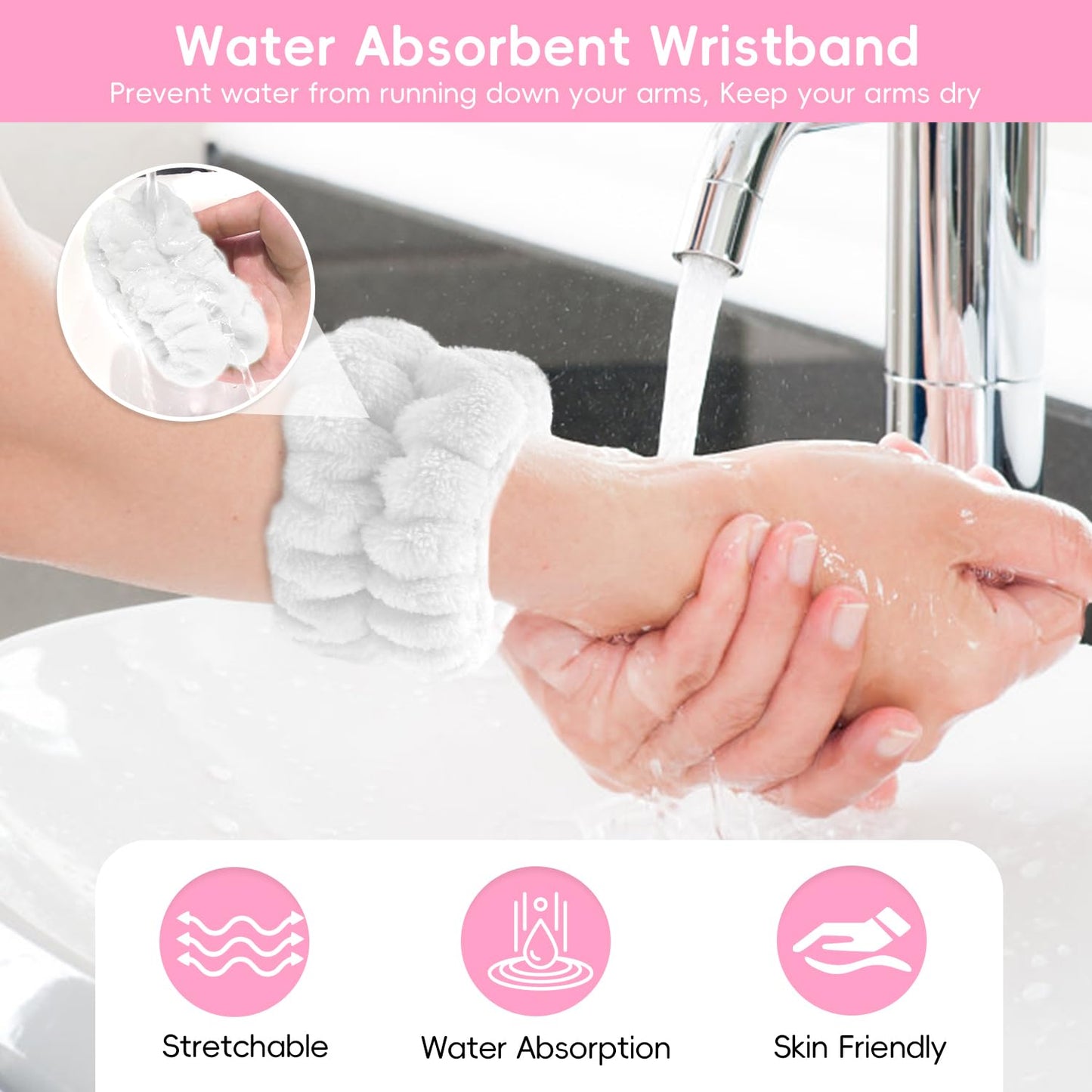 Spa Headband for Washing Face, Skincare headband and wristband set, Facial Cleansing Brush, 2-in-1 Skin Care face Brush, Come with a Hair Scrunchie, For Massaging Makeup Skincare-White