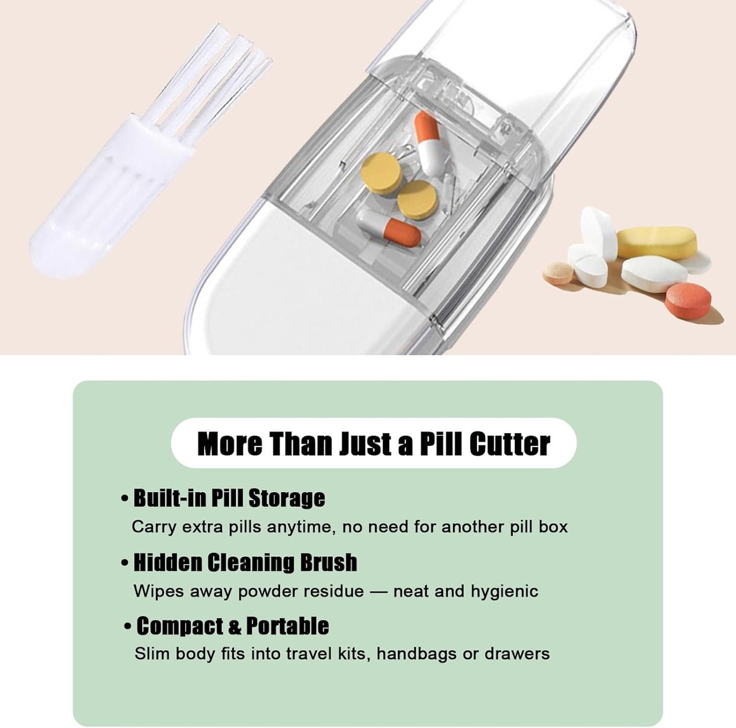 Clear Pill Cutter & Crusher – Precision Tablet Splitter with Safety Blade Guard, Pill Storage and Built-in Cleaning Brush – for Small and Large Pills, Travel Ready (Transparent Brown)