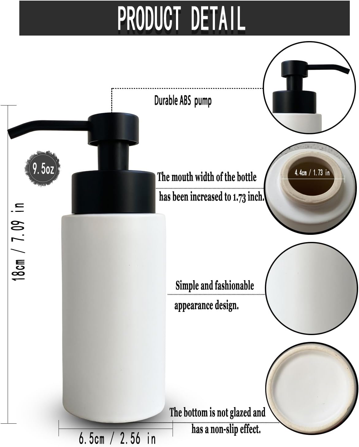 9.5 Oz Foaming Soap Dispenser for Bathroom,Kitchen Foam Soap Dispenser,Refillable Modern Foam Pump Bottle,Black Ceramic Foaming Hand Pump Dispenser (White)