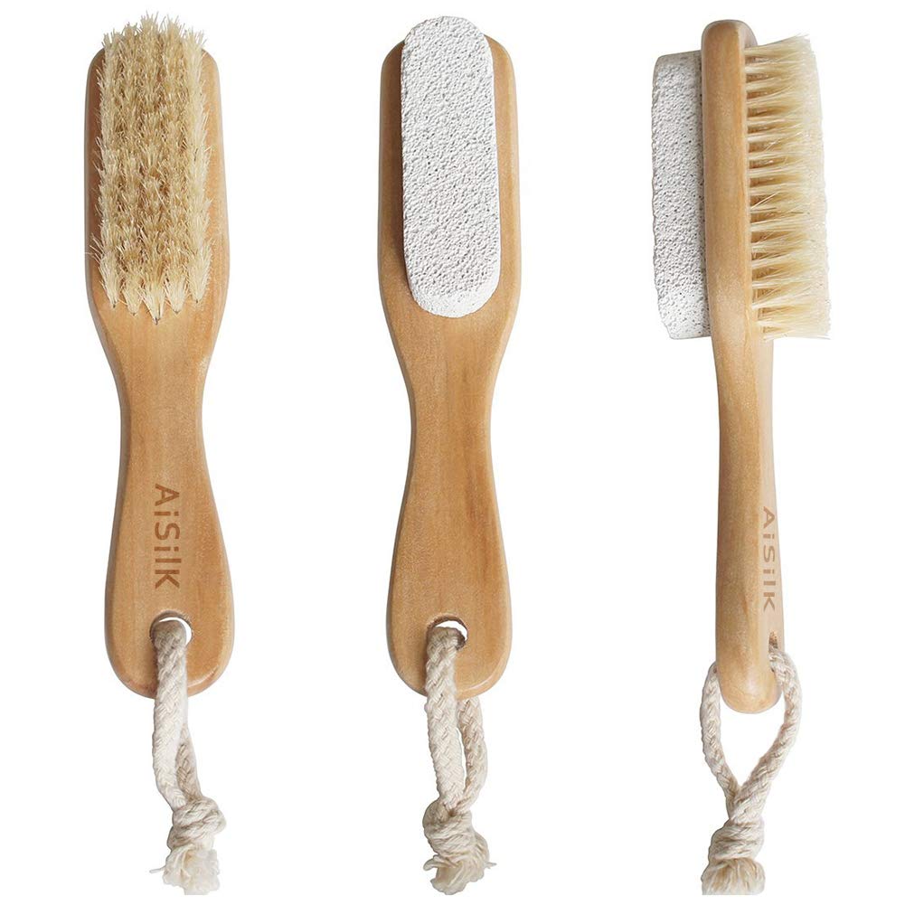 Foot Natural Bristle Brush & Pumice Stone Combo W/Rope wooden handle - Exfoliator Pedicures Calluses Remover - Smoother Body skin, feet, elbow Scrubber for Massage SPA Sauna and more