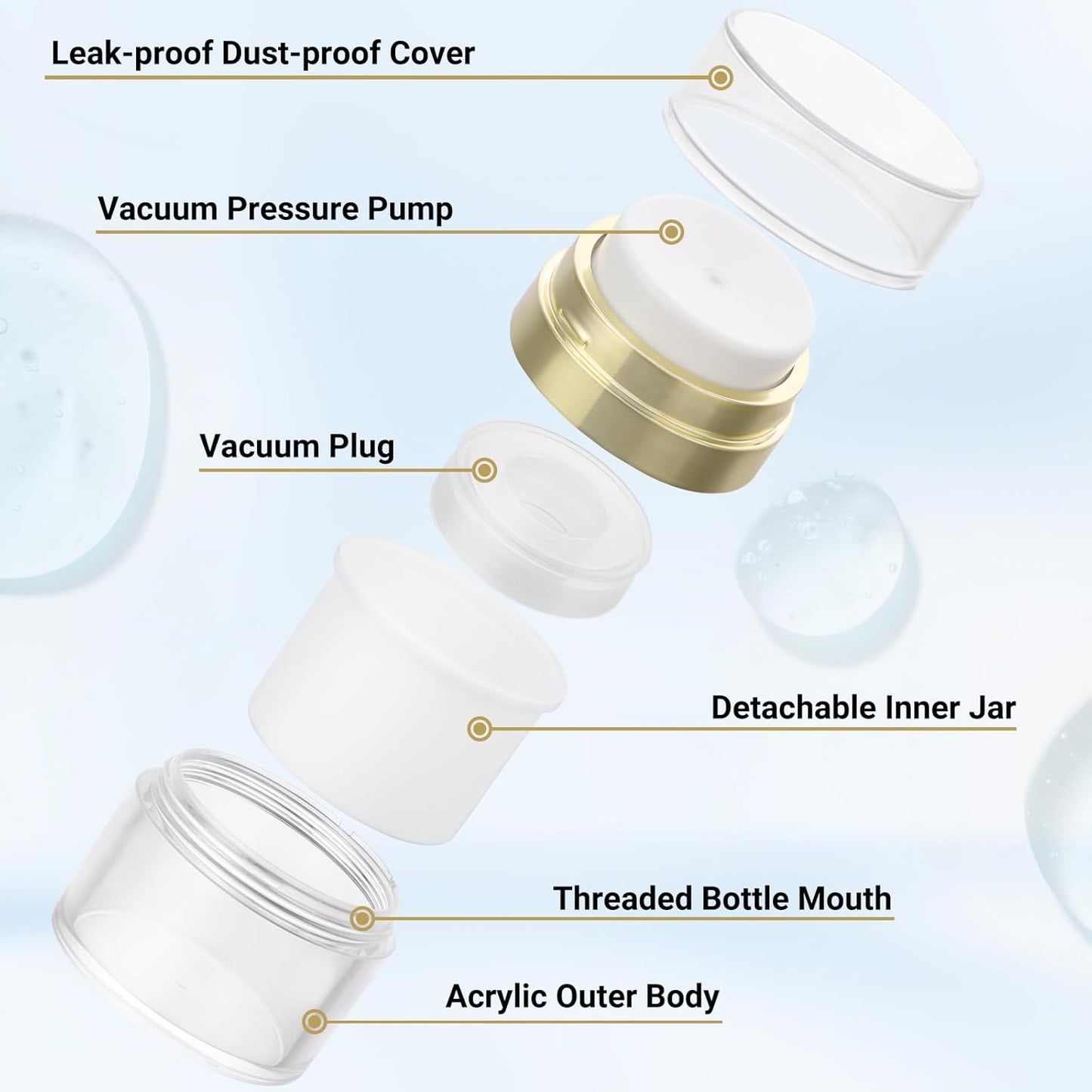 Segbeauty 3Pack Airless Pump Jar Lotion Container, Mixed Pack Empty Cream Subpackage Jar Vacuum Bottle Dispenser, Gold Refillable Cream Vacuum Bottles Travel Size for Lotion Moisturizer Creams