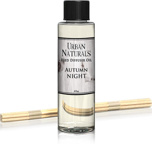 Urban Naturals Autumn Night Reed Diffuser Refill Oil with Free Set of Reed Sticks. Woodsy Fall Scent – Cinnamon, Nutmeg, Clove, Apple, Cedar & Sandalwood, 4 oz