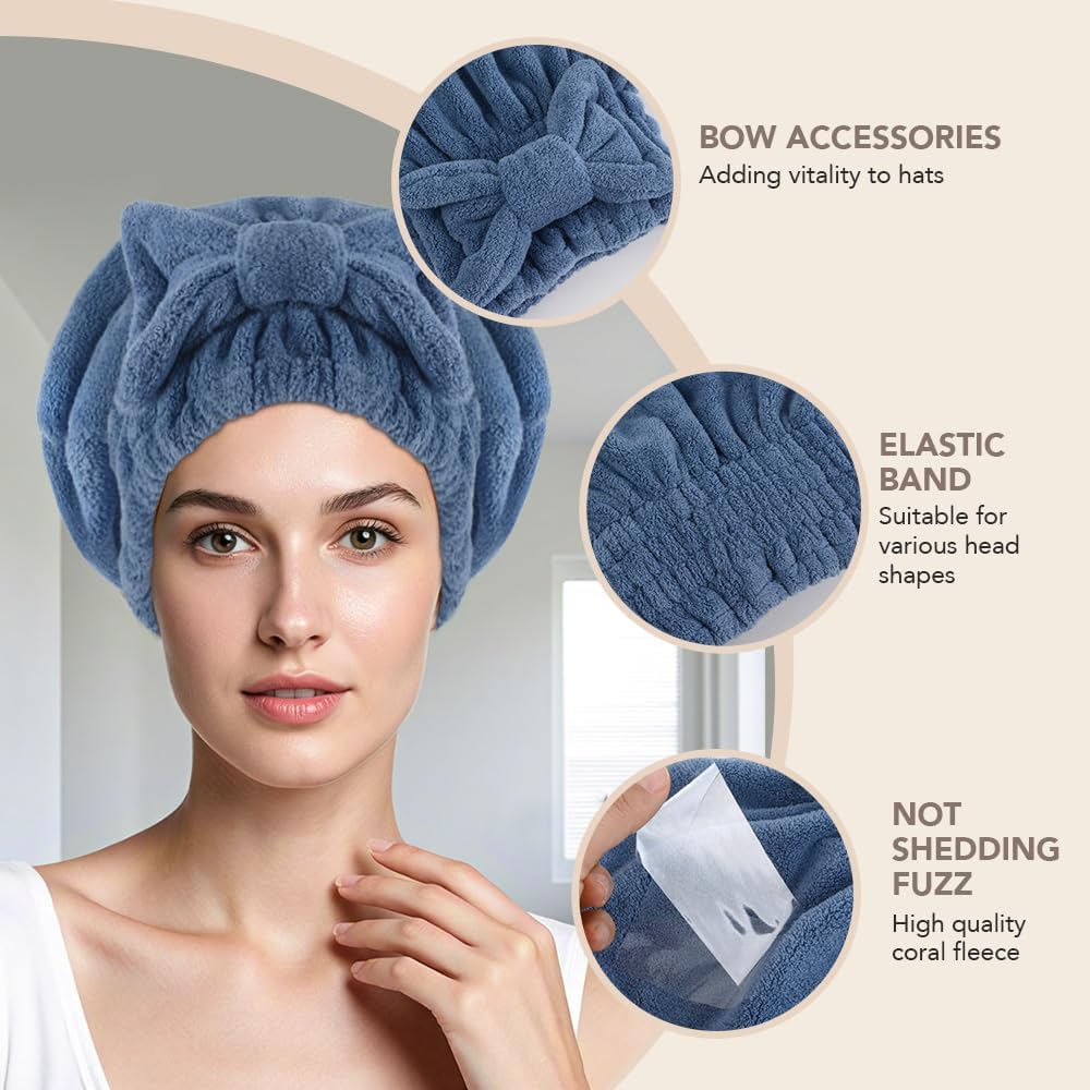 SUNLAND Large Microfiber Hair Drying Caps with Bow knot Fast Drying Shower Cap Soft and Absorbent hairWrap Hair Turban Bath Caps for Curly Thick and wet Hair 11 X 13.4 inch 2 Pack Dark Blue