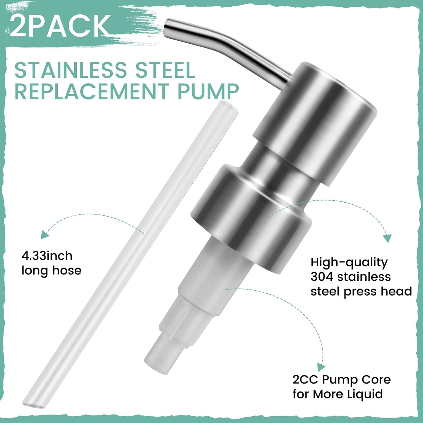 2 pcs 304 Stainless Steel Soap Dispenser Pump - Standard 28/400 Thread Replacement for Hand Soap Lotion Bottles