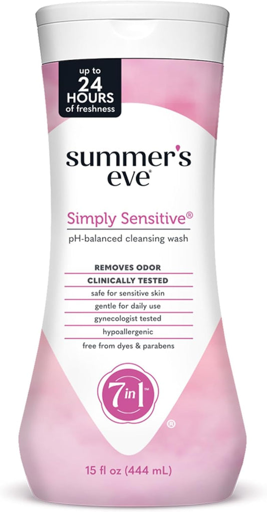 Summer's Eve Simply Sensitive All-Over Daily Feminine Wash, Gentle pH-Balanced Body Wash for Women, Removes Vaginal Odor, 15 Fl Oz
