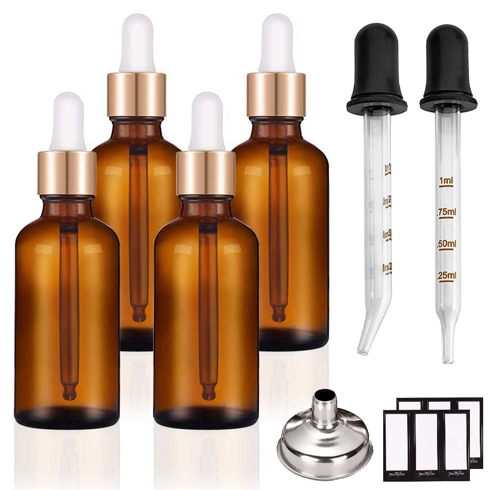 PrettyCare Set of 4, 1 oz Dropper Bottles with Golden Caps, Labels, Funnel & 2 Extra Dropper - 30 ml Thick Dark Amber Glass Empty Tincture Bottles for Personal Care & Beauty