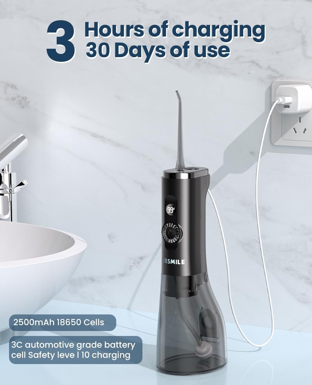 Water Dental Flosser Teeth Pick: 100 Modes Portable Cordless Oral Irrigator 300 ML Rechargeable Water Flosser IPX7 Waterproof Powerful Battery for Home Travel - Black