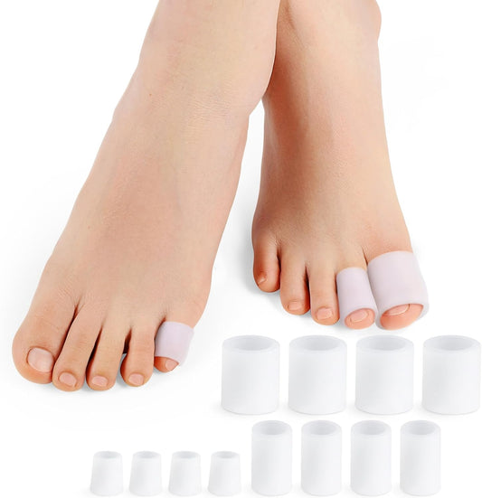 Povihome Toe Sleeves, Toe Protectors, 12 Pack Toe Tube Pads for Hammer Toe,Stubbed Toe,Corns, Calluses Protect (3 Different Sizes, White)