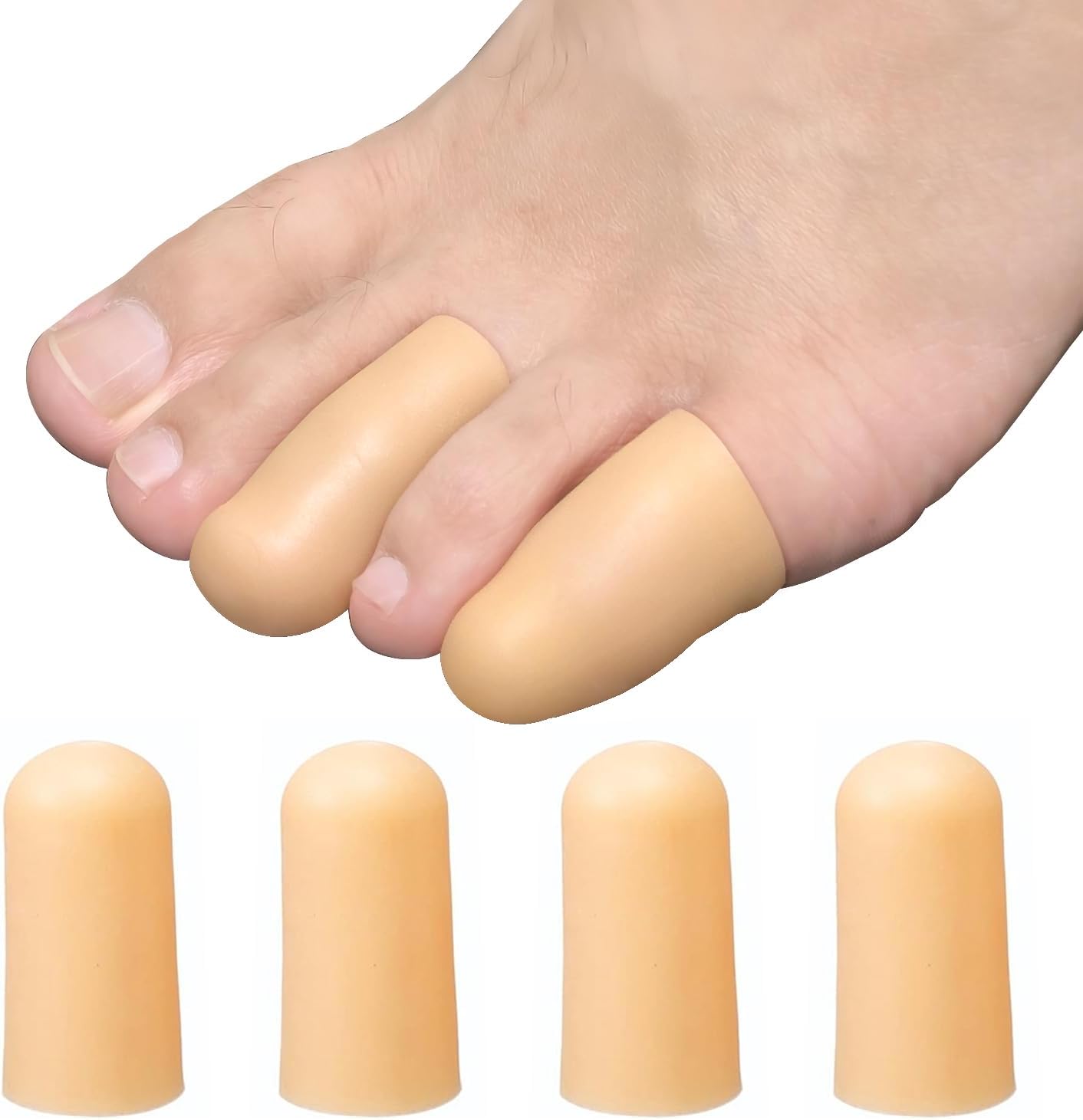 4 Pack Gel Toe Cap and Protector for Small Toe - Cushions and Protects, Toe Covers for Women & Men, Provides Relief from Missing or Ingrown Toenails, Corns, Blisters, Hammer Toes (Small, Beige)