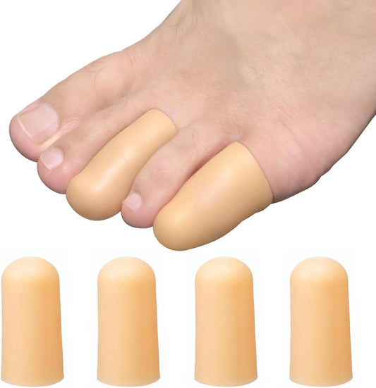 4 Pack Gel Toe Cap and Protector for Small Toe - Cushions and Protects, Toe Covers for Women & Men, Provides Relief from Missing or Ingrown Toenails, Corns, Blisters, Hammer Toes (Small, Beige)