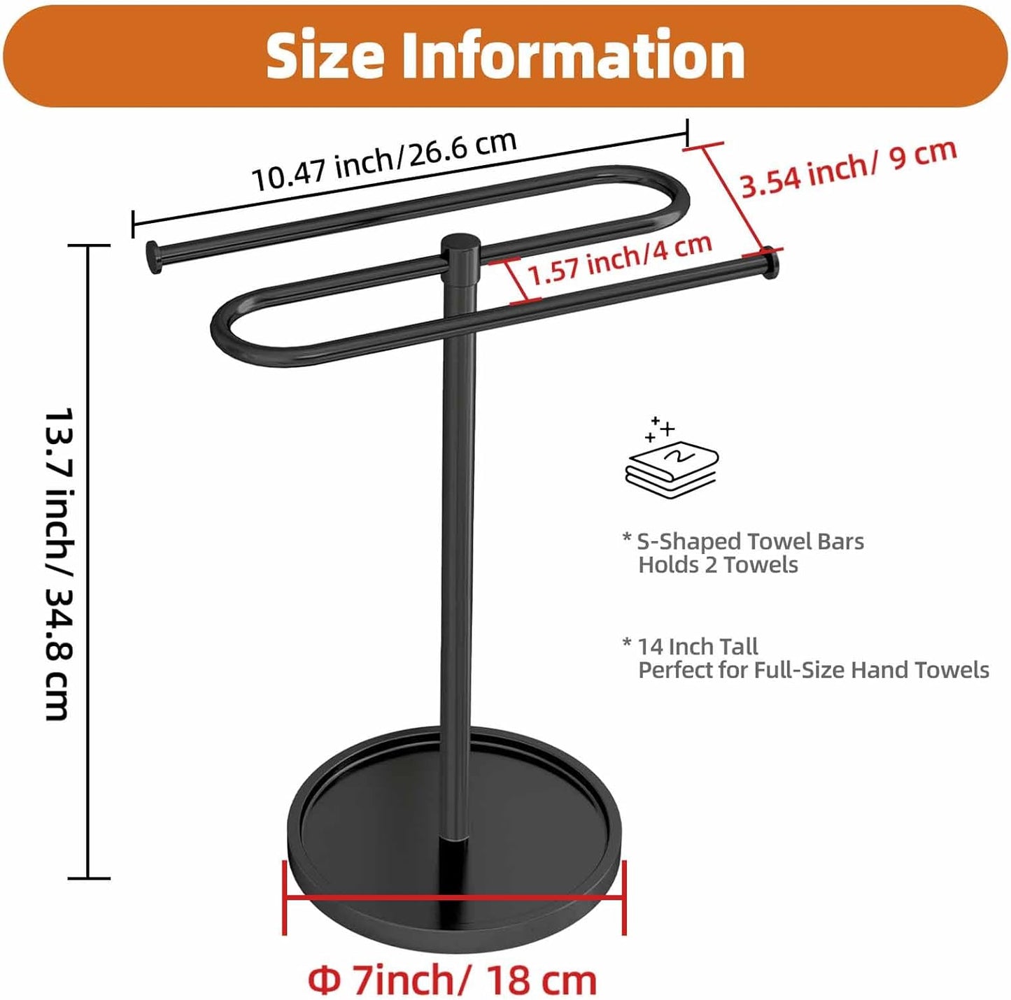 Towel Holder Stand, Stainless Steel Hand Towel Holder Rack for Bathroom Countertop, S-Shape Free Standing Towel Bar Holds 2 Towels for Kitchen Countertop, Black