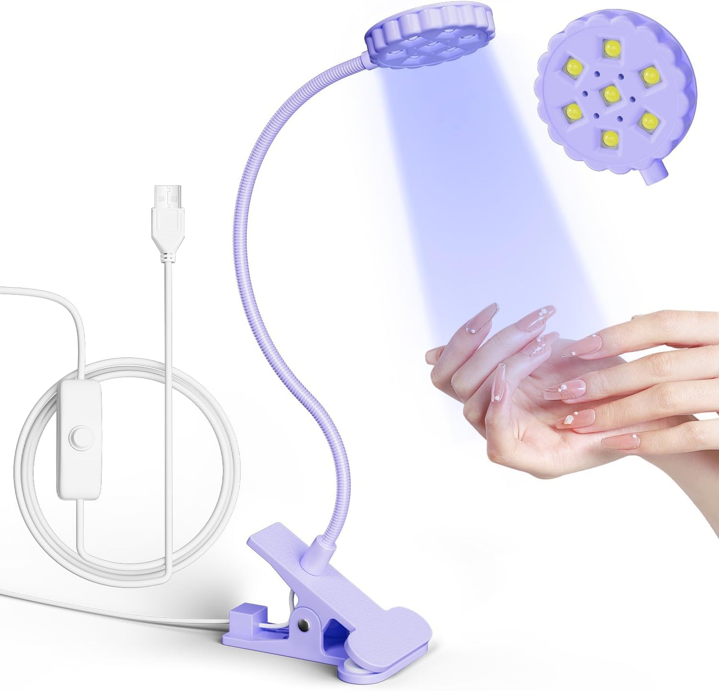 LIORA UV LED Nail Lamp 6W with Clamp – 7 Beads Gel Lamp Flash Cure Light, Flexible 360° Gooseneck USB Manicure lamp, Nail Dryer for Gel Polish and Press On Nails, Mini Nail UV Light for Salon DIY