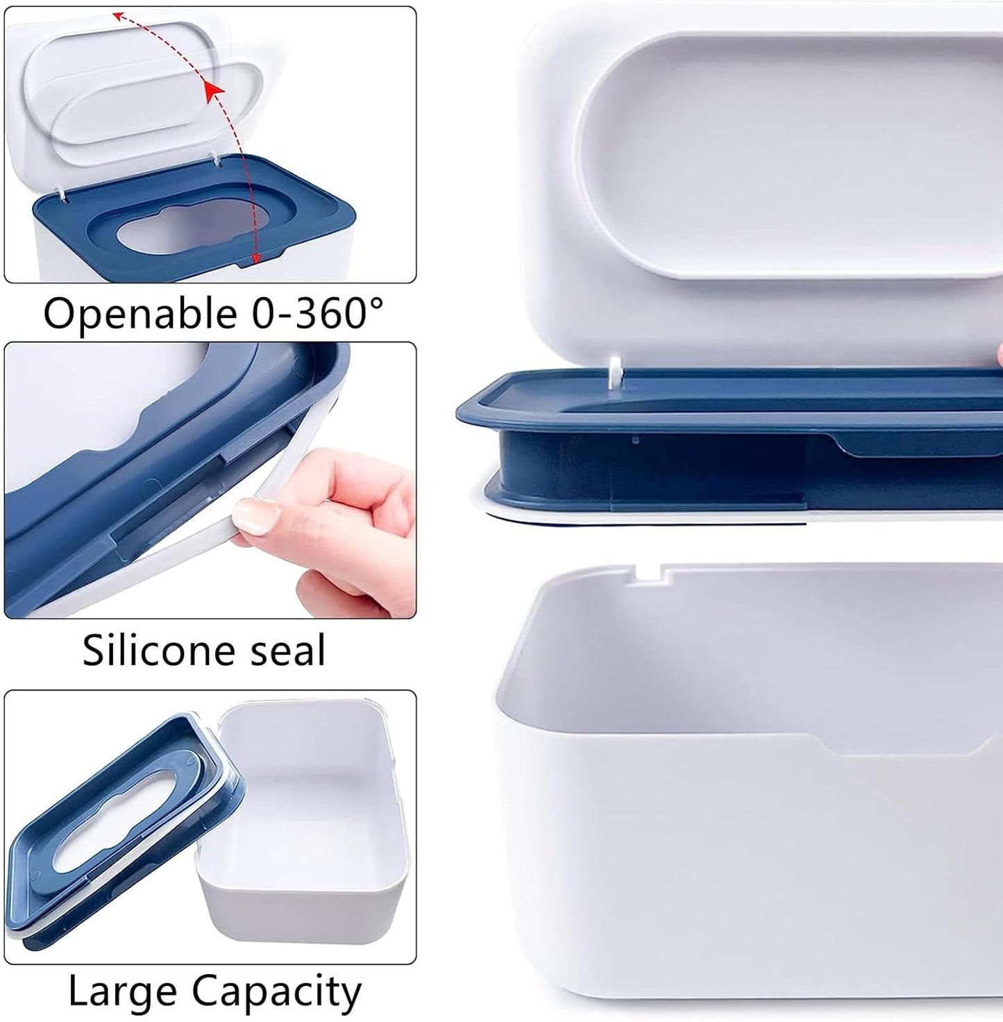 Wipes Dispenser with 2Pcs Portable Refillable Wipe Holder,Reusable Large Wipe Holder Box Flushable Wipes Case Bathroom Wipes Container for Pet Nursery Kitchen Office Counter(White-Blue)
