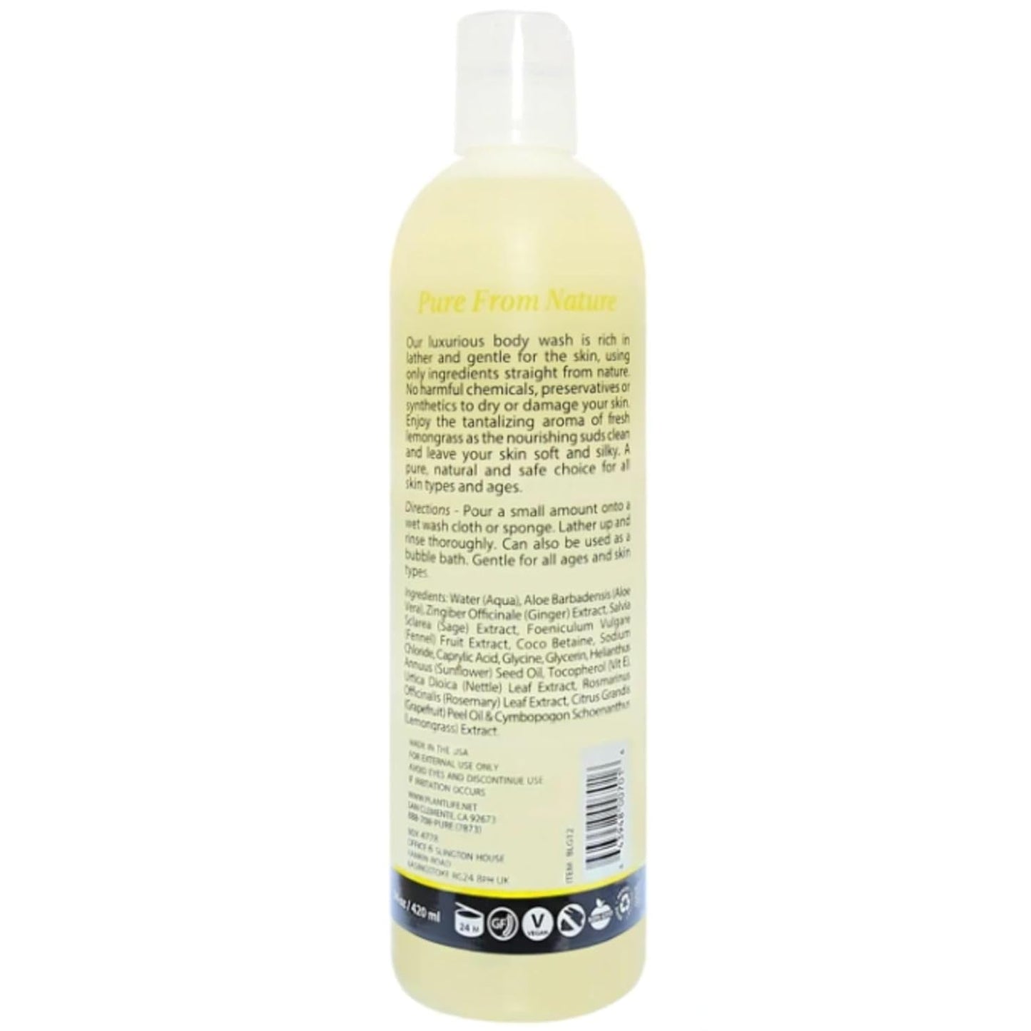 Plantlife Lemongrass Body Wash - GMO and Gluten Free Gentle and Moisturizing Body Wash That Contains Only Ingredients Straight from Nature - Manufactured in the USA 14 oz