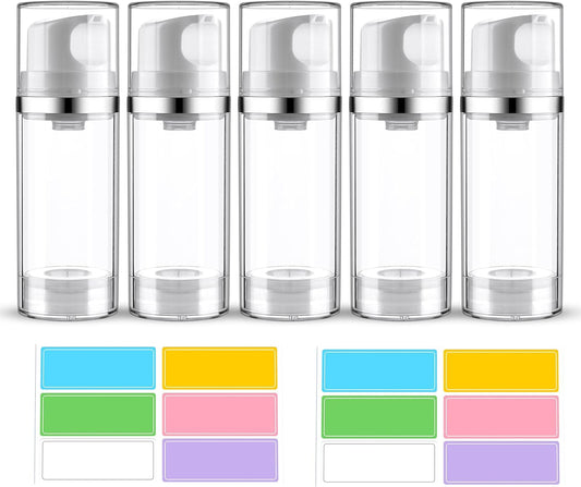 Airless Pump Jar 3.4oz/100ml 5 Pack Airless Pump Bottles Empty Moisturizer Pump Dispenser Travel Pump Bottles for Lotion Toiletries Shampoo Cream with Labels(Clear)