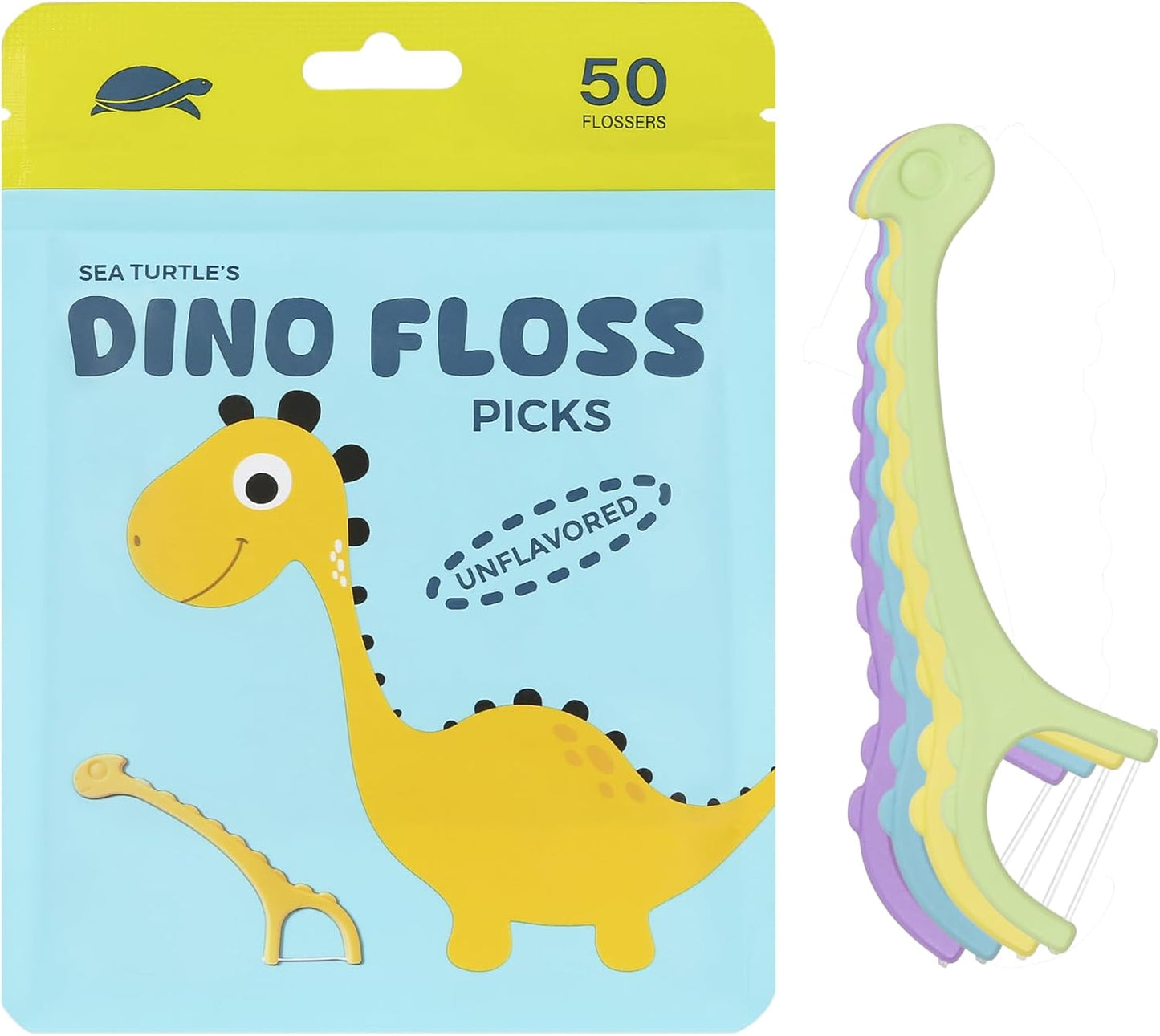 Sea Turtle Kids Dino Floss Picks - Corn Starch Handle - Thin Thread Tooth Dental Flossers - Unflavored (50)