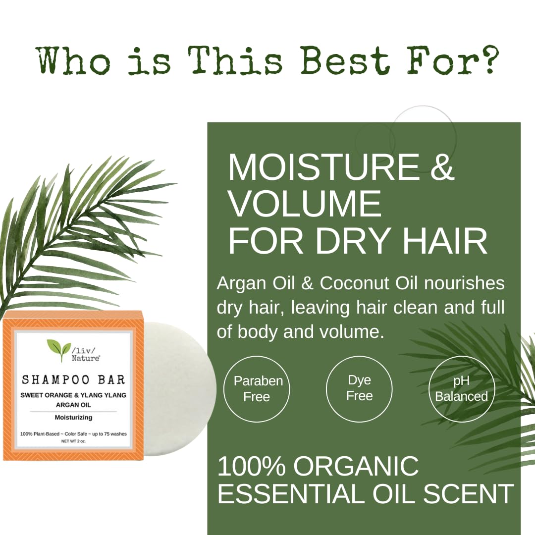Bar Shampoo | Clean Non Toxic Shampoos | Moisture & Volume | Argan Oil and Sweet Orange & Ylang Ylang Essential Oils | Travel Essentials | Handmade USA- 1pk