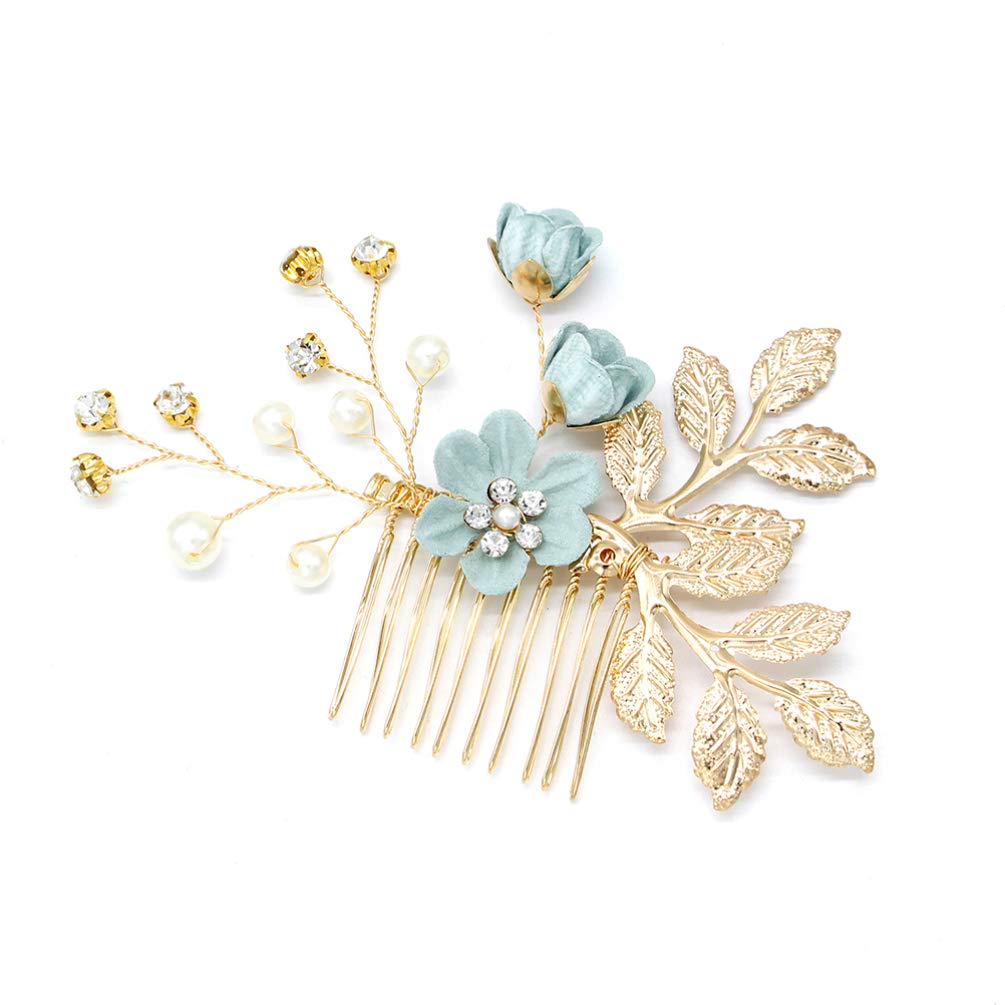 Kisangel Rhinestone Pearl Hair Accessories - 4pcs Floral Hair Combs, Hair Clips, and Wedding Hair Comb Set for Brides (Green)