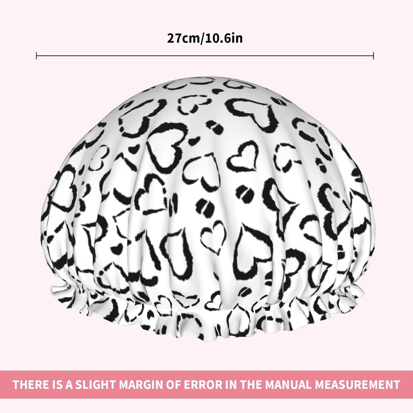 Black Heart Leopard Print Shower Caps Dual-Layer Waterproof Bath Hat Black White Hair Caps Elastic Reusable Hair Hat for Shower Cooking Clean Makeup Travel